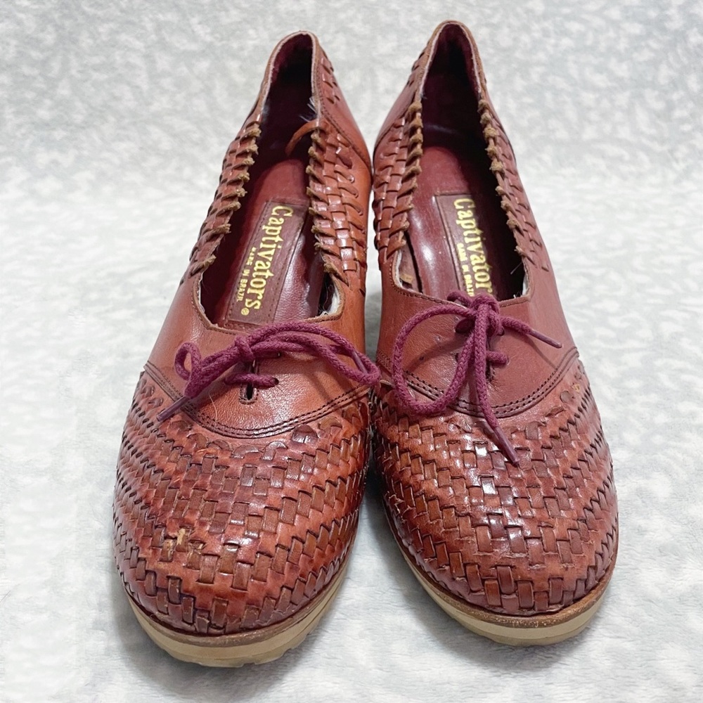 Vintage Woven Wedges 70s Captivators Brown Leather Tie Oxford Heels - Picture 3 of 12